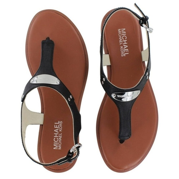MICHAEL Michael Kors Women's Leather MK Plate T-Strap Thong Sandals NWOB - Picture 1 of 6